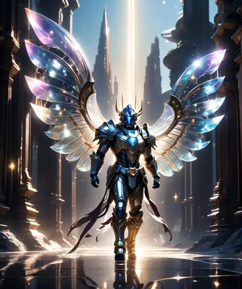 Transparent armor,Sequin,colored light,Crystal, glass, transparent, (realistic), masterpiece, best quality, movie lighting, natural shadows, highest detail, professional photography, detailed background, depth of field, ultra-crazy details, intricate, beautiful, subsurface scattering, dynamic perspective, up to walking along the crystal path in the universe, up to being illuminated by the sun's rays, stars twinkling around, comets and planets flying, a magical bright picture,