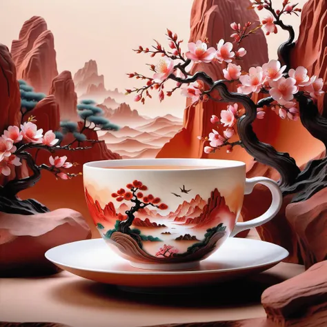 (Masterpiece, high quality, best quality, official art, beauty and aesthetics: 1.2), milk tea cup, surrounded by red rocks, splashing spray, (Chinese landscape paper carving, Chinese Song Dynasty landscape painting: 1.2), (surrealist dream style), cream organic fluid, light tracing, environmental shielding, hazy, natural light, limestone, gel resin sheet, oc rendering, (peach blossom forest background: 1.4),