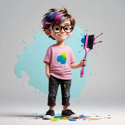 MG_ip,Pixar,1boy, solo, male focus, glasses, holding, chibi, paint, earrings, smile, jewelry, brown hair, paint splatter on face, pants, pink hair, paintbrush, looking at viewer, paint splatter, black eyes, short hair, holding paintbrush, standing, undercut, full body, palette \(object\), closed mouth, gradient background, black-framed eyewear, shirt, black footwear, gradient, round eyewear, painting
