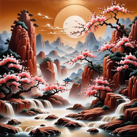 (Masterpiece, high quality, best quality, official art, beauty and aesthetics: 1.2), milk tea cup, surrounded by red rocks, splashing spray, (Chinese landscape paper carving, Chinese Song Dynasty landscape painting: 1.2), (surrealist dream style), cream organic fluid, light tracing, environmental shielding, hazy, natural light, limestone, gel resin sheet, oc rendering, (peach blossom forest background: 1.4),