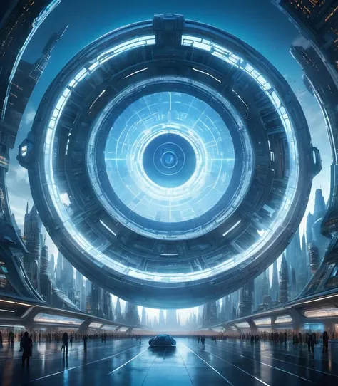 y4nn, a futuristic city with a huge circular structure in the center of it's center circle is a blue light, scifi, a detailed matte painting, space art, hyper detailed, glowing from the inside, masterpiece, best quality