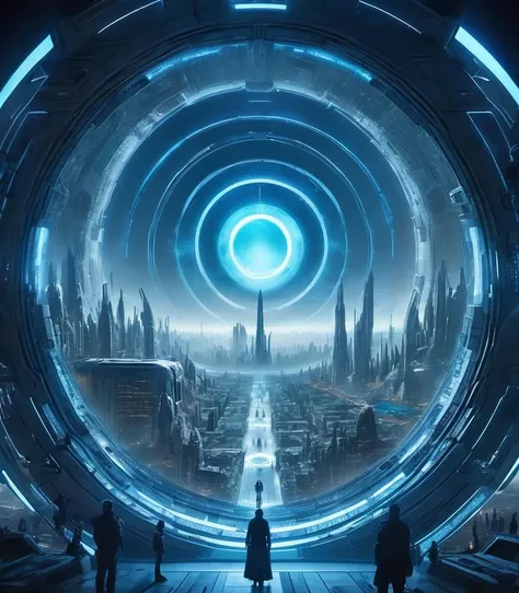 y4nn, a futuristic city with a huge circular structure in the center of it's center circle is a blue light, scifi, a detailed matte painting, space art, hyper detailed, glowing from the inside, masterpiece, best quality