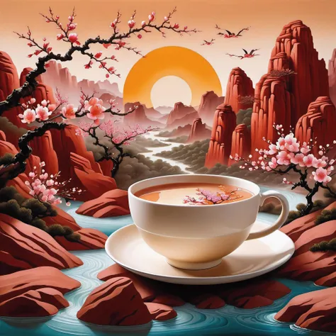 (Masterpiece, high quality, best quality, official art, beauty and aesthetics: 1.2), milk tea cup, surrounded by red rocks, splashing spray, (Chinese landscape paper carving, Chinese Song Dynasty landscape painting: 1.2), (surrealist dream style), cream organic fluid, light tracing, environmental shielding, hazy, natural light, limestone, gel resin sheet, oc rendering, (peach blossom forest background: 1.4),
