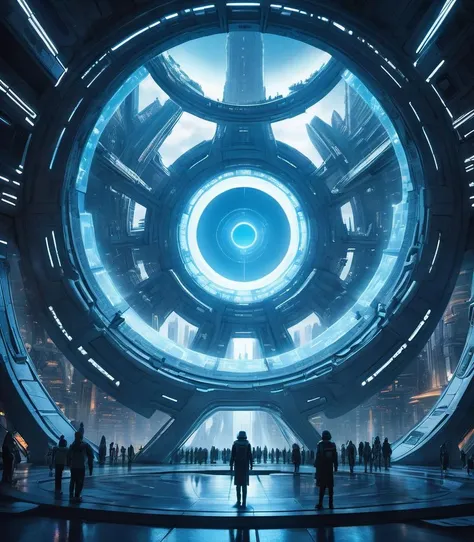 y4nn, a futuristic city with a huge circular structure in the center of it's center circle is a blue light, scifi, a detailed matte painting, space art, hyper detailed, glowing from the inside, masterpiece, best quality