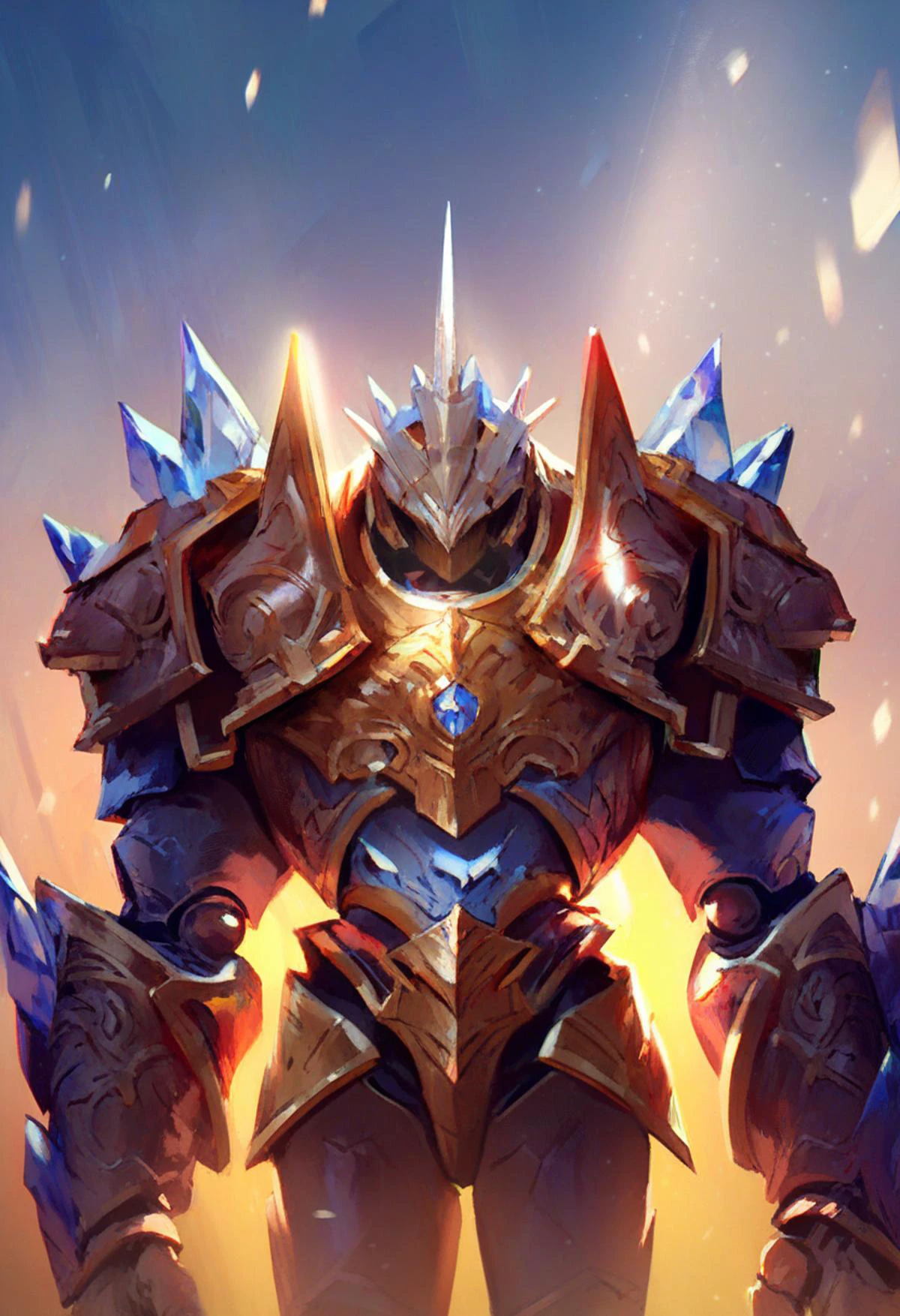 score_9,score_8_up,score_7_up,solo,source_anime,foreshortening,cinematic_angle,dynamic_angle,no humans,<lora:游æé ç²GaiYinArmor-PonyP-PAseer:0.5>,dim lighting,gaiyin armor,dragon helmet,<lora:Golems:0.8>,gol3em,Ice Golem,armor gloves,black gloves,robot joints,huge shoulder armor,gold,huge upper body,megastructure,death,covered face,unicorn,light rays,