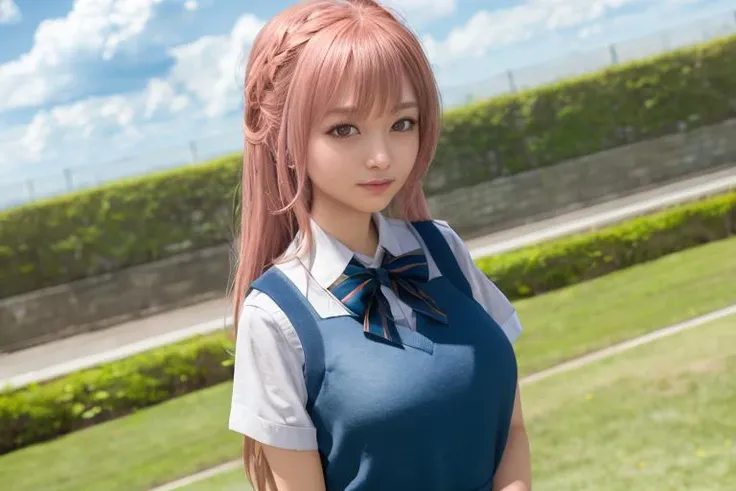 (masterpiece, best quality:1.2),detailed, <lora:chara_SonoBisqueDoll_InuiShinju_v1:0.8>, inui shinju lj, 1girl, solo, light smile, closed mouth, pink hair, pink eyes, long hair, huge breasts, upper body, school uniform, sailor collar, sweater vest, blue skirt, green bow, standing, (from angle:1.2), hands behind back, looking at the viewer, outdoors, park, grass, tree, cloud