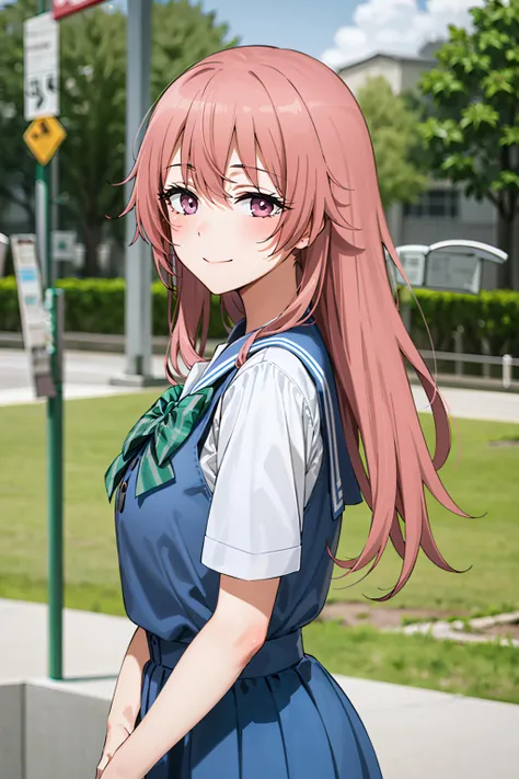 best quality, (masterpiece:1.2), detailed,
<lora:chara_SonoBisqueDoll_InuiShinju_v1:0.8>, inui shinju lj,
1girl, solo, light smile, closed mouth,
pink hair, pink eyes, long hair, big breasts, upper body,
school uniform, serafuku, white shirt, sailor collar, (grey vest:1.2), blue skirt, green bow,
standing, (from angle:1.2), hands behind back, looking at the viewer,
outdoors, park, grass, tree, cloud