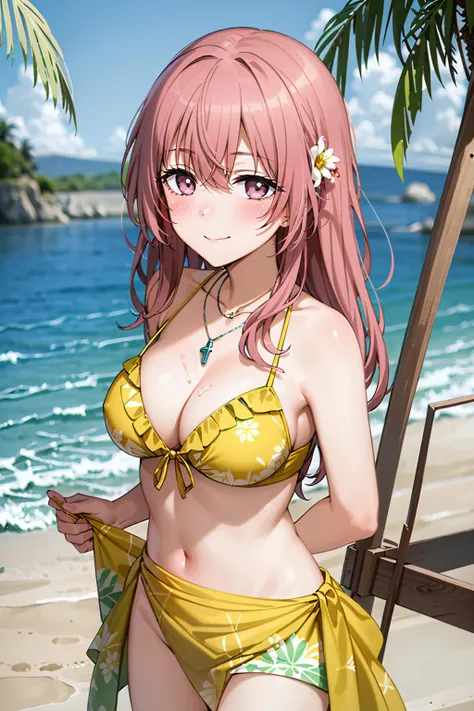 best quality, (masterpiece:1.2), detailed,
<lora:chara_SonoBisqueDoll_InuiShinju_v1:0.8>, inui shinju lj,
1girl, solo, light smile, closed mouth, light blush,
pink hair, pink eyes, long hair, medium breasts, hair flower,
necklace, frilled bikini, yellow bikini, sarong, 
standing, (from angle:1.2), looking at the viewer,
beach, water, palm