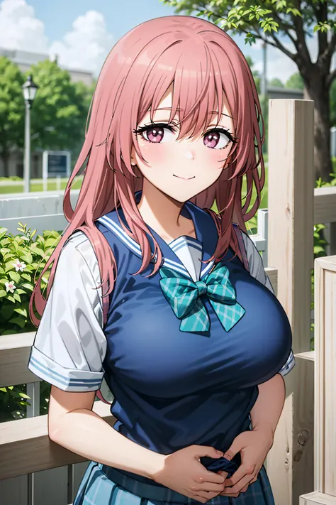 best quality, (masterpiece:1.2), detailed,
inui shinju lj,
1girl, solo, light smile, closed mouth,
pink hair, pink eyes, long hair, big breasts, upper body,
, sailor collar, sweater vest, blue skirt, green bow,
standing, (from angle:1.2), hands behind back, looking at the viewer,
outdoors, park, grass, tree, cloud