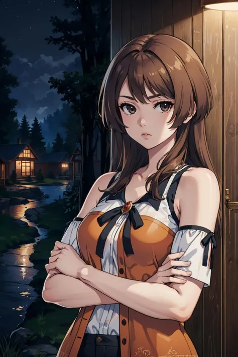 masterpiece, best quality, kozukata yuuri, shirt, short shorts, thigh strap, upper body, looking at viewer, expressionless, forest, night, house, outdoors <lora:kozukatayuuri-nvwls-v1-000010:0.9>