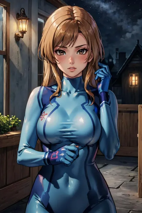 masterpiece, best quality, kozukata yuuri, zero suit, blue gloves, haunted house, indoors, night, looking at viewer, blush <lora:kozukatayuuri-nvwls-v1-000010:0.7> <lora:zerosuit-nvwls-v1-final:1>
