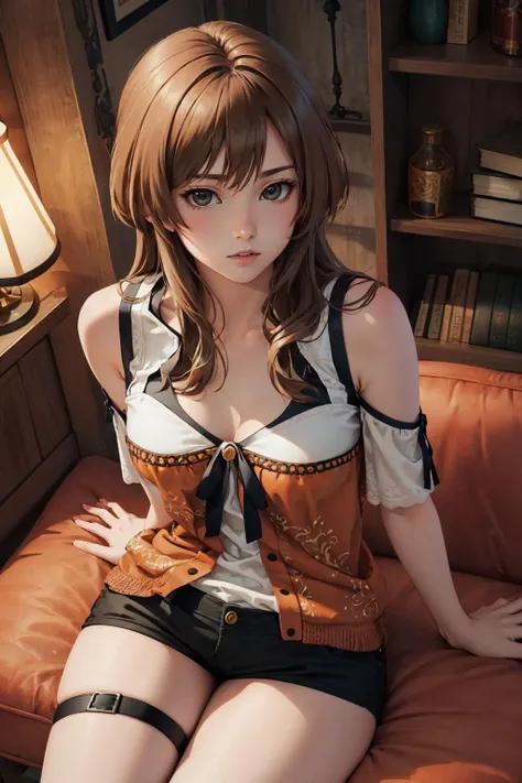 masterpiece, best quality, kozukata yuuri, shirt, short shorts, thigh strap, cowboy shot, looking at viewer, indoors, night, haunted house, indoors, sitting, couch, looking at viewer, lounge, bookcase, confused, from above <lora:kozukatayuuri-nvwls-v1-000010:0.9>