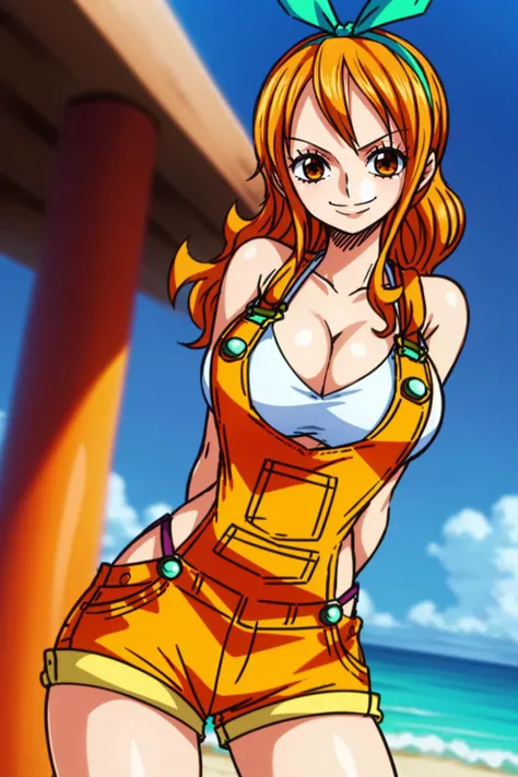 nami_\(one_piece\), 1girl, solo, standing, (large breasts), orange, (orange overalls), (orange overall_shorts), (white bikini_top), cleavage, embarrassed, smile, brown_eyes, shiny_skin, cowboy_shot, beach, skindentation, arms_behind_back, (green hairband with bow),