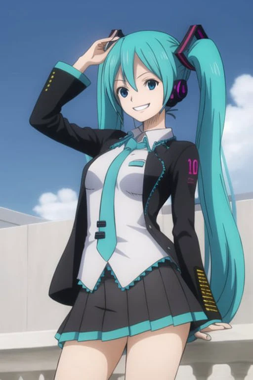 masterpiece, best quality, 1girl, (hatsune miku), aqua hair, skirt, smile, necktie
<lora:opstyle-000002:1>