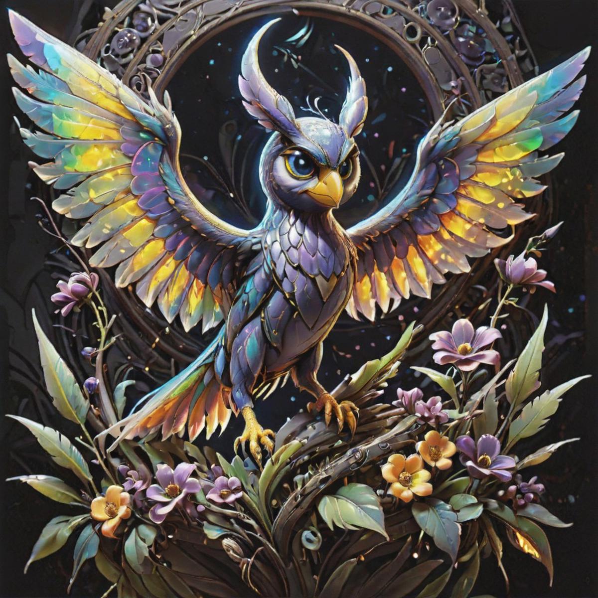 Painting of a colorful bird with wings and flowers in a frame - SeaArt AI