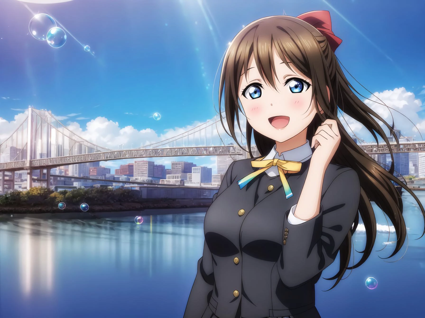 <lora:Koto-Umi-Riko-Shizu-Setsu-LLAS-LyCORIS:1> <lora:GoodHands-beta2:1> <lora:hyperrefiner_v090:0.6> <lora:add_detail:0.6> <lora:veye3:0.3> <lora:Enhanced_lighting_details_v1:0.1>
(masterpiece:1.2), (best quality:1.2), (highres:1.2), (perfect anatomy:1.2), (perfect lighting:1.2), (beautiful eyes:1.4), (detailed face and eyes:1.4) BREAK
(depth of field:1.2), (cinematic light:1.2), (light particles:1.2), (lens flare:1.2), (sunbeam:1.2), (bokeh, blurry background:1.2), (bright foreground:1.2) BREAK
1girl, solo, (looking at viewer:1.2), (upper body:1.3) BREAK
(shizuku-llas:1.4), (shizuku-llas-ti:1.2), (blue eyes:1.4), (big pupils:1.2), (half updo, sidelocks, hair bow, hair ribbon, red bow:1.4), (long hair:1.1), (brown hair:1.1), (huge breasts:1.2), narrow waist, lips, smile, (:d:1.3), open mouth, upper teeth BREAK
(nijigasaki school uniform, winter uniform, black jacket:1.5), closed jacket, school uniform, long sleeves BREAK
(yellow neck ribbon:1.4) BREAK
(grey skirt, pleated skirt, plaid skirt) BREAK
<lora:Rainbow-Bridge-LyCORIS:0.6> (rainbowbridge, extremely detailed bridge, river, reflective water:1.5) BREAK
(day, sun, rainbow, bubble:1.3)