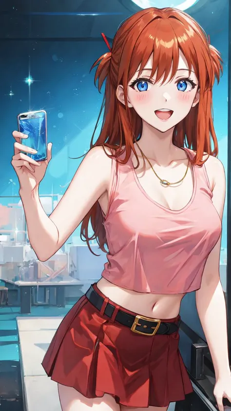 lumen reflections, natural lighting, evocative, triadic color scheme, cowboy shot, elegant, voluptuous:0.6, looking at viewer, 1girl, female, solo, blush, open mouth, smile, teeth, sfw, <lora:anime:1>, asuka, orange hair, long hair, blue eyes, top, tank top, (pink tank top:1.3), skirt, (red skirt), belt, leather belt, (white leather belt:1.3), buckle, belt buckle, gold belt buckle