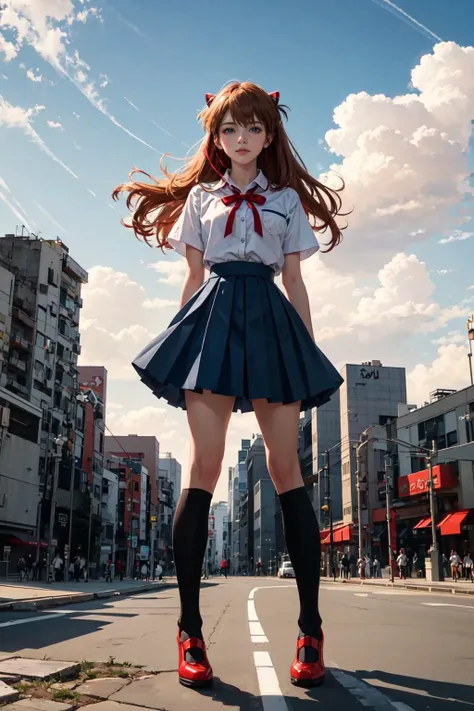 asuka, 1girl, long hair, looking at viewer, blue eyes, skirt, shirt, hair ornament, ribbon, school uniform, green eyes, standing, white shirt, short sleeves, sky, socks, cloud, orange hair, red ribbon, blue skirt, kneehighs, arms behind back, robot, mecha, science fiction, interface headset, tokyo-3 middle school uniform, evangelion (mecha),  royal, royal background, <lora:anime:1>