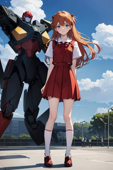 asuka, 1girl, long hair, looking at viewer, blue eyes, skirt, shirt, hair ornament, ribbon, school uniform, green eyes, standing, white shirt, short sleeves, sky, socks, cloud, orange hair, red ribbon, blue skirt, kneehighs, arms behind back, robot, mecha, science fiction, interface headset, tokyo-3 middle school uniform, evangelion (mecha),  royal, royal background, <lora:anime:1>