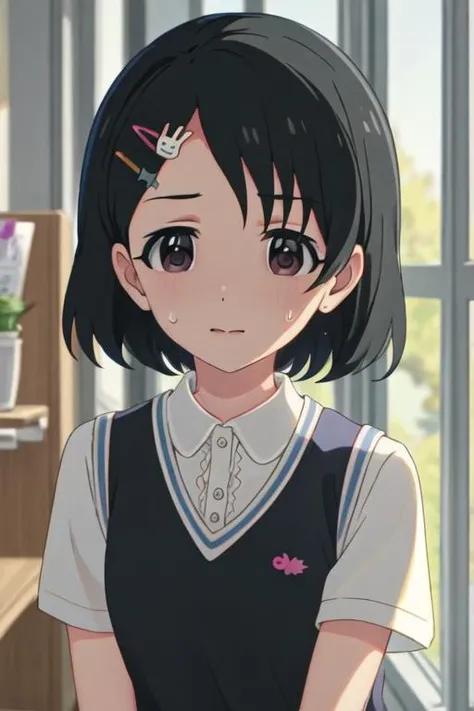 best quality, masterpiece, highres, solo, {sasaki_chie_theidolmastercinderellagirlsu149:1.15}, black_hair, short_hair, hair_ornament, hairclip, brown_eyes, rabbit_hair_ornament, upper_body, bangs, 1girl, blue_shirt, blurry, blurry_background, collared_shirt, indoors, shirt, sweater_vest, white_shirt, :o, bow, parted_lips, looking_at_viewer, short_sleeves, star_\(symbol\)