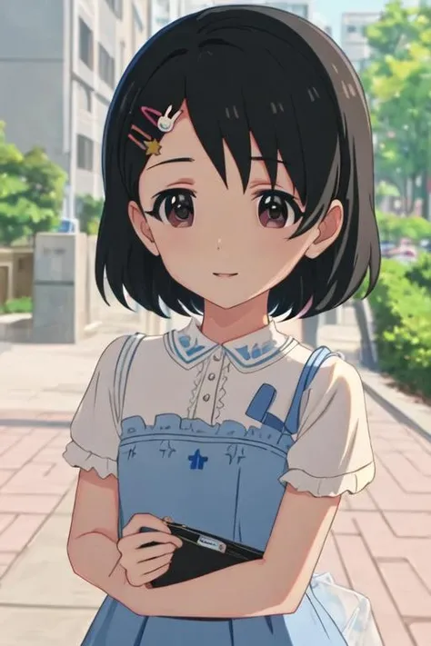(1girl:1.1), solo, cute girl yeah, flat chest, kawaii, arms behind back, park, frilled dress, <lora:AkaneTendouV02:1>, blue dress, white, shirt, short hair, blue hair, brown eyes,