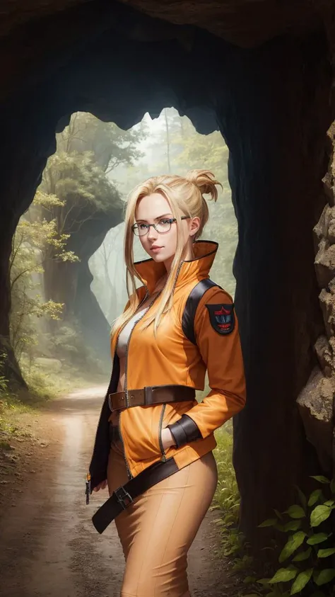 masterpiece,best quality,quistis,(shiny orange jacket:1.1),upper body,depth of field, detached sleeves,orange skirt,belt,glasses,boots,standing,looking at viewer,dirt road,forest,cave entrance,<lora:quistis-nvwls-v1-final:1>,