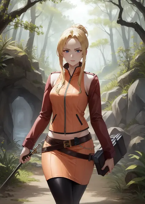 masterpiece, best quality, quistis, orange jacket, detached sleeves, orange skirt, belt, leggings, boots, standing, looking at viewer, dirt road, forest, cave entrance <lora:quistis-nvwls-v4:0.9>