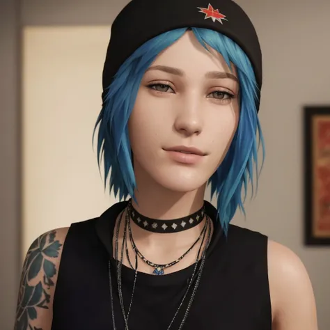 <lora:chloePriceLifeIs_10:1> (chloeprice:1.4) masterpiece, best quality, Real photo, (blue short detailed hair:1.2), (detailed brown eyes:1.2), (beautiful detailed face:1.2), happy face, ultra detailed skin, (Black beanie:1.1), (one big tatto on left hand:1.1), Fog, room background,