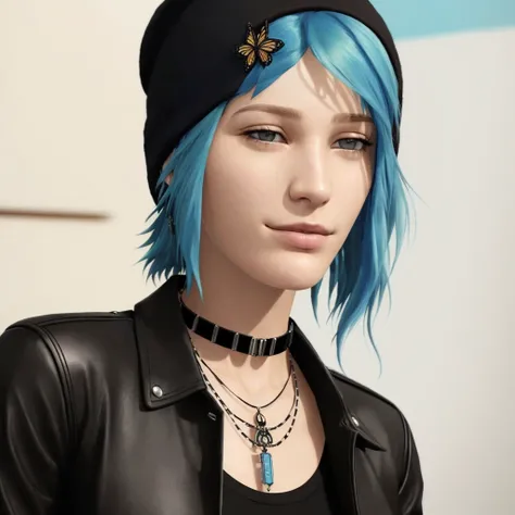 <lora:chloePriceLifeIs_10:1> (chloeprice:1.4) masterpiece, best quality, Real photo, (blue short detailed hair:1.2), (detailed brown eyes,:1.2) (beautiful detailed face:1.2), happy face, ultra detailed skin, (Black beanie:1.1), choker, white shirt with skull, (one big tatto on left hand:1.1), Fog, butterflies background,