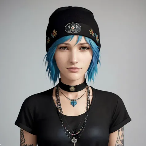 <lora:chloePriceLifeIs_10:1> (chloeprice:1.4) masterpiece, best quality, Real photo, (blue short detailed hair:1.2), (detailed brown eyes:1.2), (beautiful detailed face:1.2), happy face, ultra detailed skin, (Black beanie:1.1), choker, white shirt with skull, (one big tatto on left hand:1.1), Fog, butterflies background,