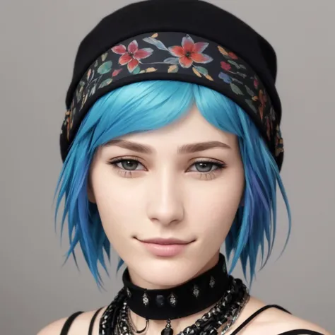 <lora:chloePriceLifeIs_10:1> (chloeprice:1.4) masterpiece, best quality, Real photo, (blue short detailed hair:1.2), (detailed brown eyes:1.2), (beautiful detailed face:1.2), happy face, ultra detailed skin, (Black beanie:1.1), choker, (white shirt with skull:1.2), (one big tatto on left hand:1.1), Fog, butterflies background,