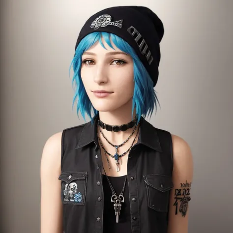 <lora:chloePriceLifeIs_10:1> (chloeprice:1.4) masterpiece, best quality, Real photo, (blue short detailed hair:1.2), (detailed brown eyes:1.2), (beautiful detailed face:1.2), happy face, ultra detailed skin, (Black beanie:1.1), choker, (white shirt with skull:1.2), (one big tatto on left hand:1.1), Fog, butterflies background,