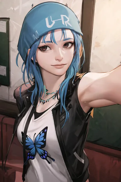 intricate details, beautiful, ultra detailed, masterpiece, highres, absurdres, school, <lora:CHAR-Chloe:1.4>, (chloeprice:1.1), looking at viewer, upper body, band shirt, selfie, butterfly, bare hair,