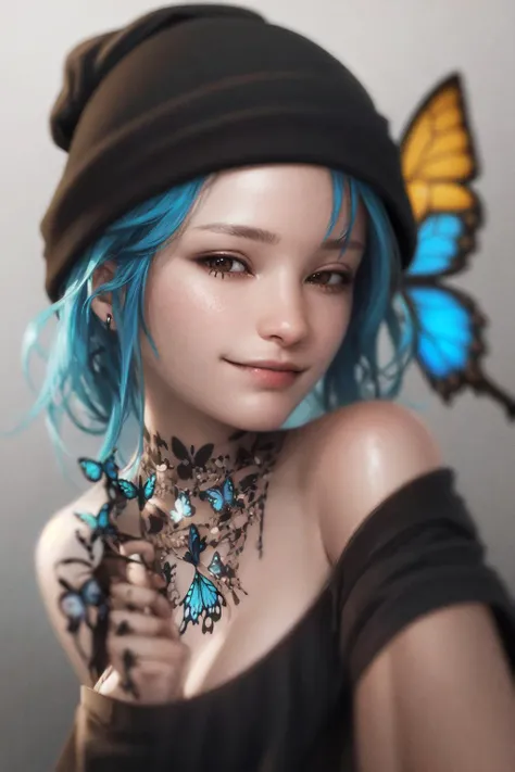 masterpiece, highres, photorealistic, real, Real photo, best quality, 8k, best quality, realistic, ultra-detailed, perfect lighting, female, 1girl, solo, looking at viewer, simple background, dark background, light, lights, <lora:CHAR-Chloe:1.6>, chloeprice, blue hair, brown eyes, smile, (butterfly:1.3), portrait,, happy face, ultra detailed skin, (Black beanie:1.2), choker, (black shirt with skull:1.2),