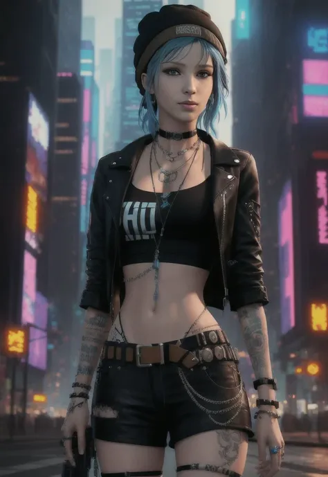 cyberpunk, thin waist,ultra-detailed, masterpiece, high quality, cyberpunk city background, <lora:chloePriceLifeIs_10:1> chloeprice, blue hair, brown eyes, beanie, choker, tattos,