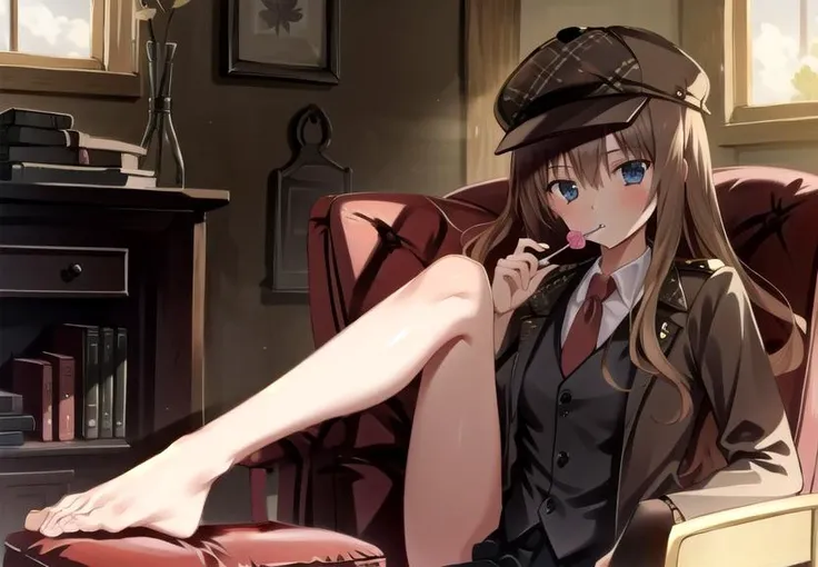masterpiece, best quality,
<lora:Rebecca_KrugerV0:0.8>, Rebecca Kruger, deerstalker, sitting_on_chair, holding lollipop, no shoes, upper body,
1girl, solo, feet_fo
