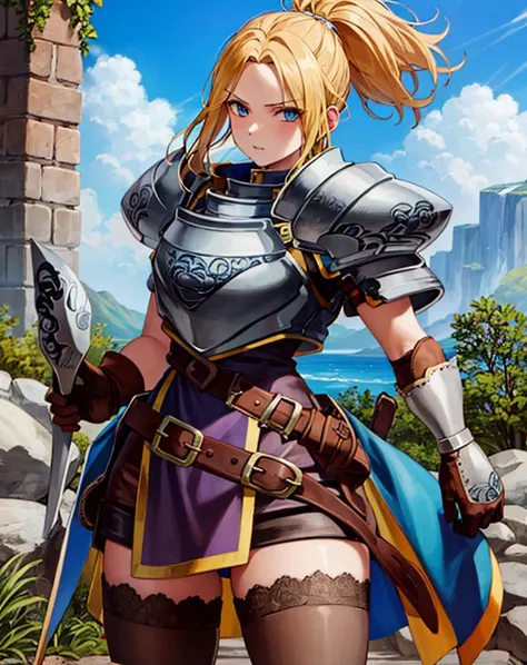 (masterpiece, best quality, high resolution),cowboy shot, charlottems, 1girl, gloves, armor, shoulder armor, pauldrons, breastplate, thighhighs, zettai ryouiki, <lora:CharlotteMS:1>