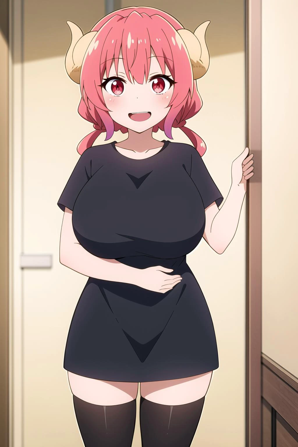 masterpiece, perfect lighting, (beautiful, best quality:1.3), perfect eyes, absurdres, 8k,
1girl, solo, (absurdres), finely detail, smile,
<lora:Ilulu MaidDragon V1:0.7>, ilulu_maiddragon, red hair, long hair, huge breasts, red eyes, twintails, horns, teeth, huge breasts,
black t-shirt, thighhighs, short sleeves, black thighhighs,
