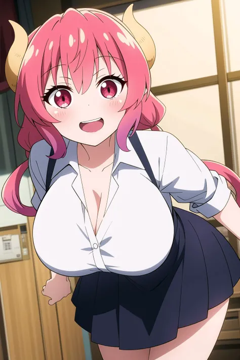 masterpiece, perfect lighting, (beautiful, best quality:1.3), perfect eyes, absurdres, 8k,
1girl, solo, (absurdres), finely detail, smile,
<lora:Ilulu MaidDragon V1:0.7>, ilulu_maiddragon, red hair, long hair, huge breasts, red eyes, twintails, horns, teeth,
lace underwear, (unbuttoned white shirt:1.1), soft and carefree look,
intricate,(full-body-shot:0.5), (dynamic angle:1.2), (dynamic pose:1.2),