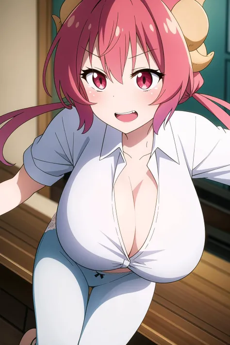 masterpiece, perfect lighting, (beautiful, best quality:1.3), perfect eyes, absurdres, 8k,
1girl, solo, (absurdres), finely detail, smile,
<lora:Ilulu MaidDragon V1:0.7>, ilulu_maiddragon, red hair, long hair, huge breasts, red eyes, twintails, horns, teeth,
Delicate lace underwear, unbuttoned white shirt falling to her shoulders,
soft and carefree look,
intricate,(full-body-shot:0.5), (dynamic angle:1.2), (dynamic pose:1.2),