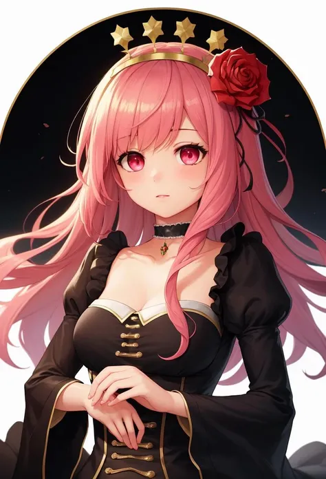 (masterpiece, best quality), 1girl, solo, rasis, pink eyes, pink hair, dynasty, black dress, choker, hair flower, rose, crown <lyco:rasisSoundVoltex:1.0>