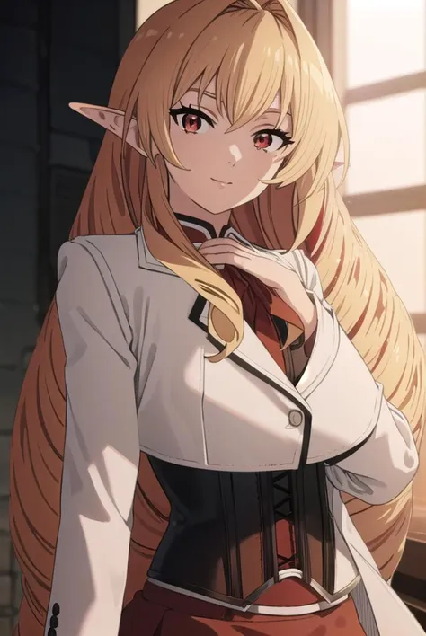 elinalisedragonroad, <lyco:elinalisedragonroads2-lyco-nochekaiser:1>,
elinalise dragonroad, long hair, blonde hair, very long hair, ahoge, pointy ears, drill hair, (red eyes:1.5), smile,
BREAK skirt, long sleeves, pantyhose, frills, shoes, red skirt,  loafers, white pantyhose, blazer, (white blazer:1.5), corset, (black corset:1.5),
BREAK indoors, classroom,
BREAK looking at viewer, (cowboy shot:1.5),
BREAK <lyco:GoodHands-beta2:1>, (masterpiece:1.2), best quality, high resolution, unity 8k wallpaper, (illustration:0.8), (beautiful detailed eyes:1.6), extremely detailed face, perfect lighting, extremely detailed CG, (perfect hands, perfect anatomy),