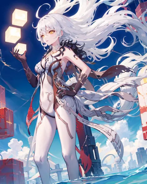1girl,sohp,standing, <lora:SustainerHeavenlyPrinciplesV1[sohp]:1>,hand on hip, outdoors,blue sky,long_hair,floating hair, absurdly long hair, large breasts, floating object, cube,