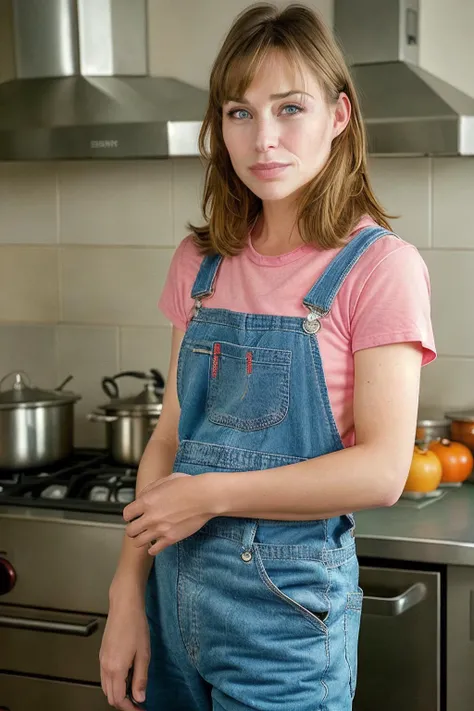 portrait of skswoman, regretful , wearing overalls , with medium blonde Curtain bangs , background kitchen epic (photo, studio lighting, hard light, sony a7, 50 mm, matte skin, pores, colors, hyperdetailed, hyperrealistic), <lyco:Claire ForlaniV2:1.1>
