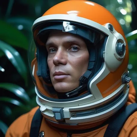 close-up "male Astronaut in a Jungle" by Syd Mead <lora:cillian_murphy_sdxl_1_0:0.9>, looking at camera, broken helmet tangerine cold color palette, muted colors, detailed, 8k