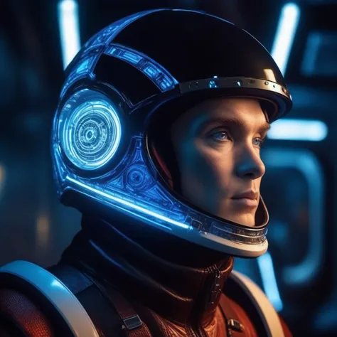 a man <lora:cillian_murphy_sdxl_1_0:0.9> in a cyberhelmet at ht in a space cruiser, detailed face, blue eyes, ((outside the windows of the portholes)) you can see cosmos, (sci-fi by Orson Scott Card), cyber neon lighting, futurism, intricate futuristic jewelry accessories, cyberpunk glossy white latex turtleneck, hyper photorealistic, crispy quality, digital photography, trending in artstation, trending in pinterest, cinematic, 4 k ultra hd, art by pascal blanche, art by greg rutkowski, extremely intricate, cinematic lighting, cinematic bloom, red keylight, obscure lighting contrast, upper body
