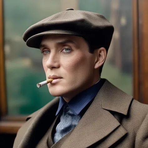 High detail (portrait of a man <lora:cillian_murphy_sdxl_1_0:0.9>) 1920s, holding gun over shoulder, in a cloth peaked cap, wearing a suit with an overcoat, in color, smoking a cigarette, (((looking at viewer:1.8)))
