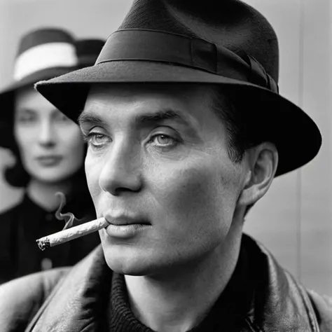 High detail ( portrait of a man <lora:cillian_murphy_sdxl_1_0:0.9>) 1940s, in a Brim Porkpie Fedora Hat, smoking a burning cigarette, monochrome, (((looking at viewer))), picture of atom in background