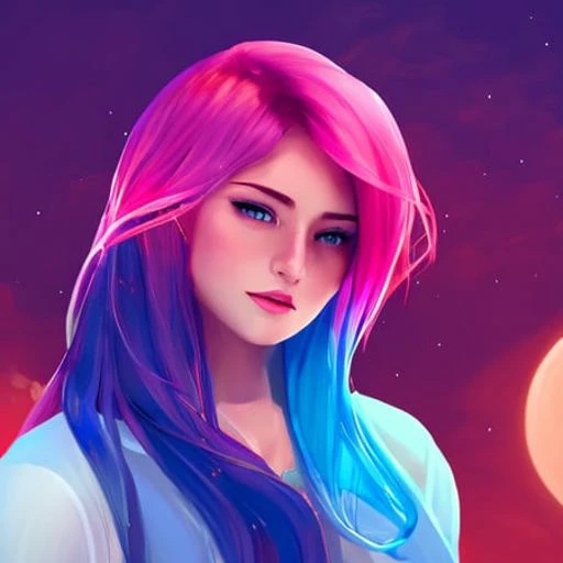 1 girl, solo, portrait , digital illustrated,  flowing hair, glowing rainbow hair,     night,  red_moon, looking at the camera , looking_at_viewer, ring lighting, rim lighting, trending on artstation,  wlop,  dsktaro1