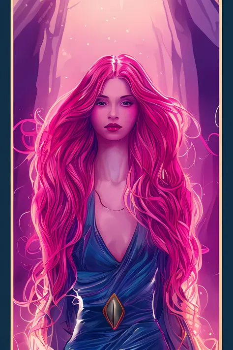 tarot card style, 1 girl, solo, portrait , digital illustrated, flowing hair, glowing rainbow hair, night, pastel , looking at the camera , looking_at_viewer, ring lighting, rim lighting, trending on artstation, wlop, dsktaro1